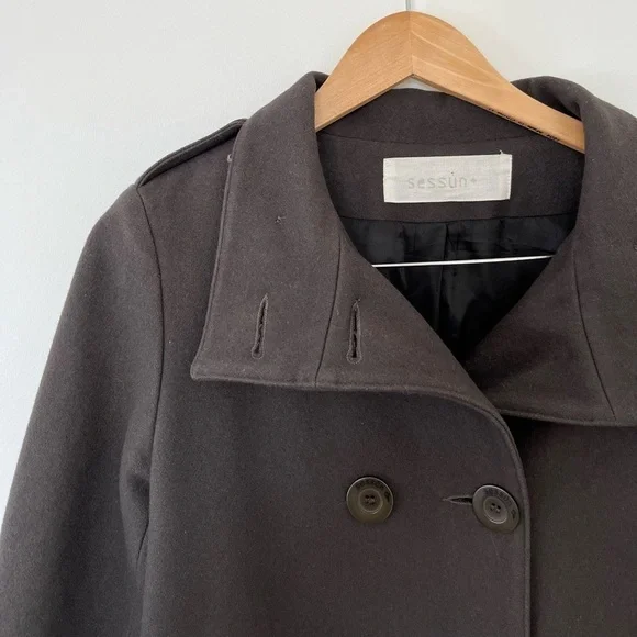 Sessùn New Haven Wool Long Brown Double Breasted Pea Coat - Picture 7 of 13